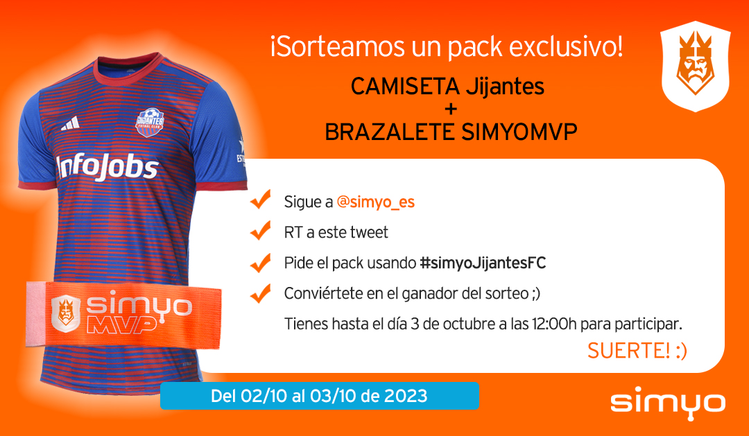 simyo_es's tweet photo. ¡SORTEO! 🙌 
Llévate un pack exclusivo de la Kings Cup con camiseta de Jijantes FC + brazalete simyoMVP  🎁
- Haz RT
- Sigue a @simyo_es
- Pídelo con #simyoJijantesFC
- ¡A ganar el sorteo! ✌️
#simyoJijantesFC
Participa hasta el 03/10 a las 12:00h. Bases: https://t.co/JomNIjqxpL https://t.co/3yKRKN3FTt