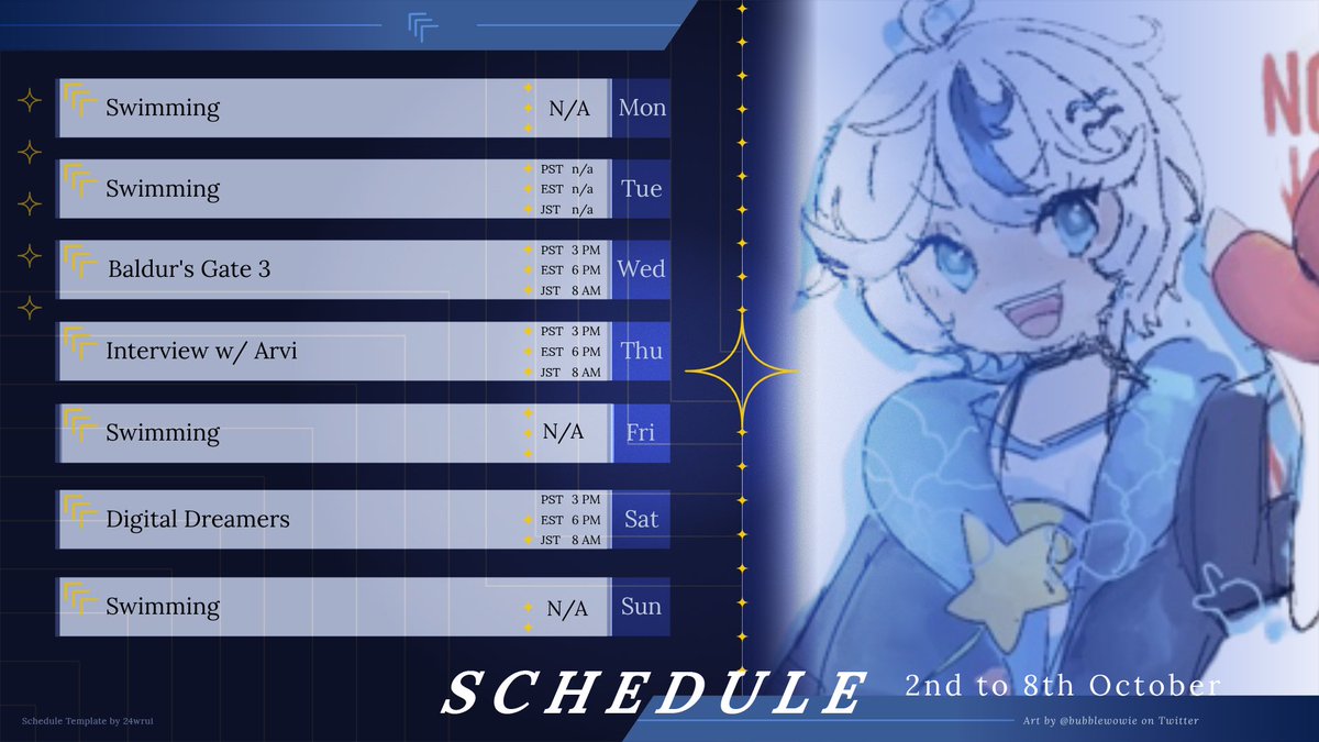 maplemaybealt's tweet photo. 🐬 Schedule 10/2-10/8!🐬

I'm still a little sick so a slow week. I'll be catching up on DMs and uploads!

And thank you to @arvi_wav for inviting me to interview. I'm super excited 💙

#sylive #VtuberEN #Vtubers https://t.co/UBWVaRcYxG