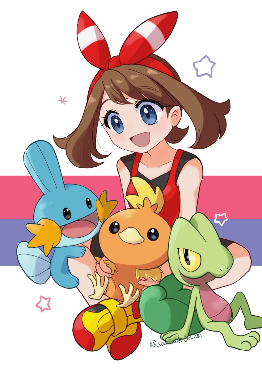 may (pokemon) ,mudkip ,torchic 1girl pokemon (creature) open mouth brown hair smile shirt :d  illustration images