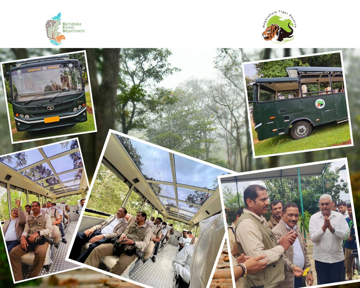 nagaraholetr's tweet photo. A new Safari bus at Kakanakote Safari zone (Kabini) was inaugurated on 01.10.2023 and will be available for online booking soon. The bus is unique with a transparent top. The tourist can enjoy the 360° view of the forest, developed in collaboration with CSR initiative of TVS. https://t.co/J4VaPoGujL