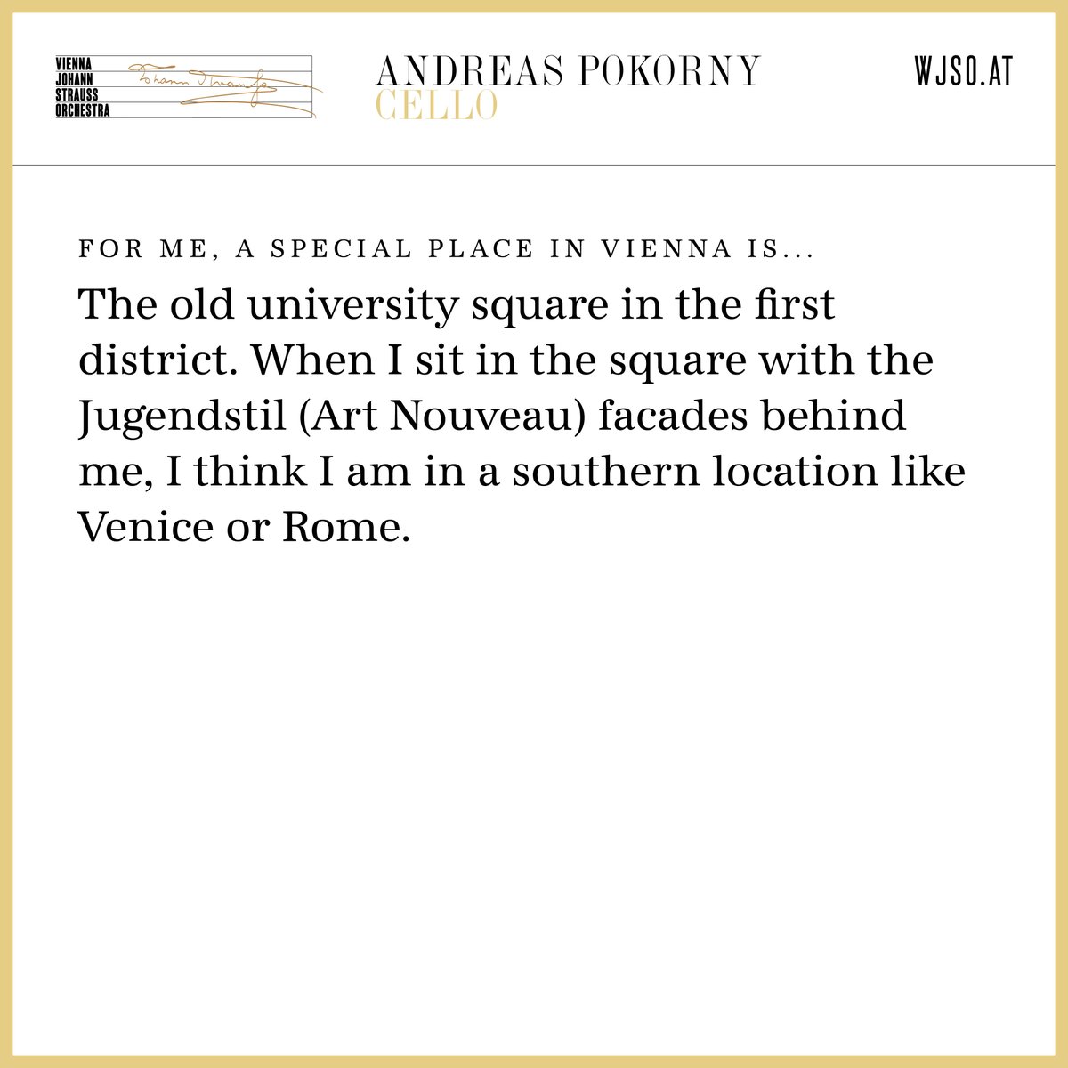 WJSO_AT's tweet photo. 🧑‍🦱 The orchestra presents: Andreas Pokorny | Violoncello
➡️ Orchestra History: https://t.co/Bv2dzjQEb5 
🌐 Orchestra website: https://t.co/Ep3YqsxJI4  #WJSO

#WJSO #TheOrchestraPresents #musican #music #musica  #musical #classicalmusic #クラシック音楽 #johannstrauss #tradition https://t.co/rHsUmS7fgB