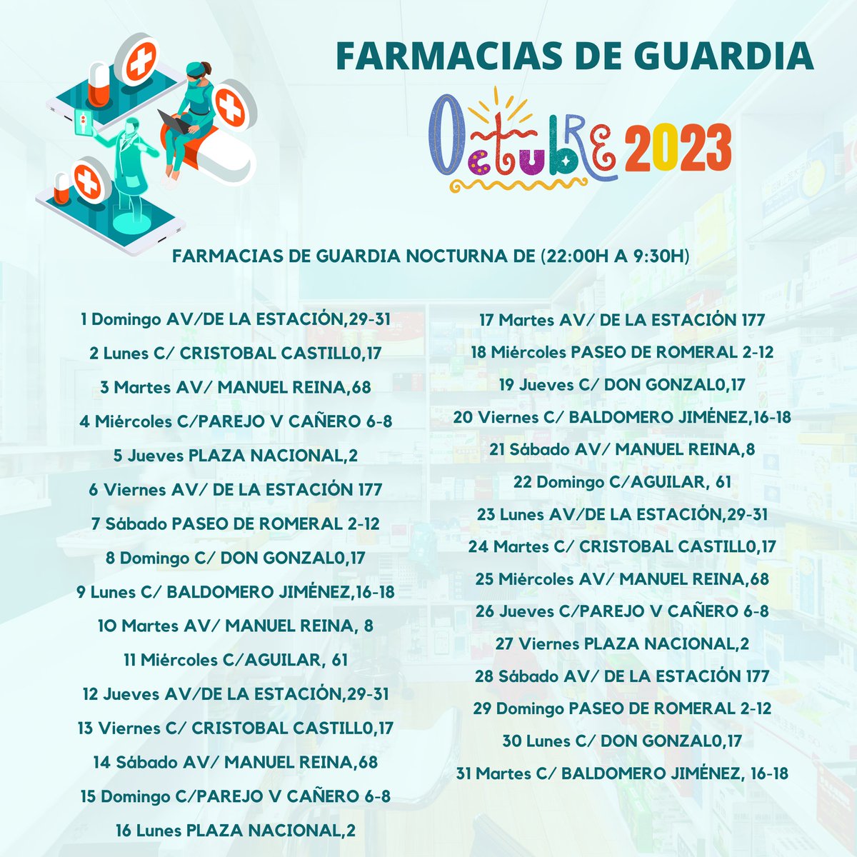 En momentos de necesidad, las farmacias de guardia son un recurso vital. Queremos informarles que las farmacias de nuestra localidad están listas para ayudarles, incluso fuera del horario habitual. 
#FarmaciasDeGuardia #Octubre2023 💊
Descárgate este cuadrante y lo tienes a mano.