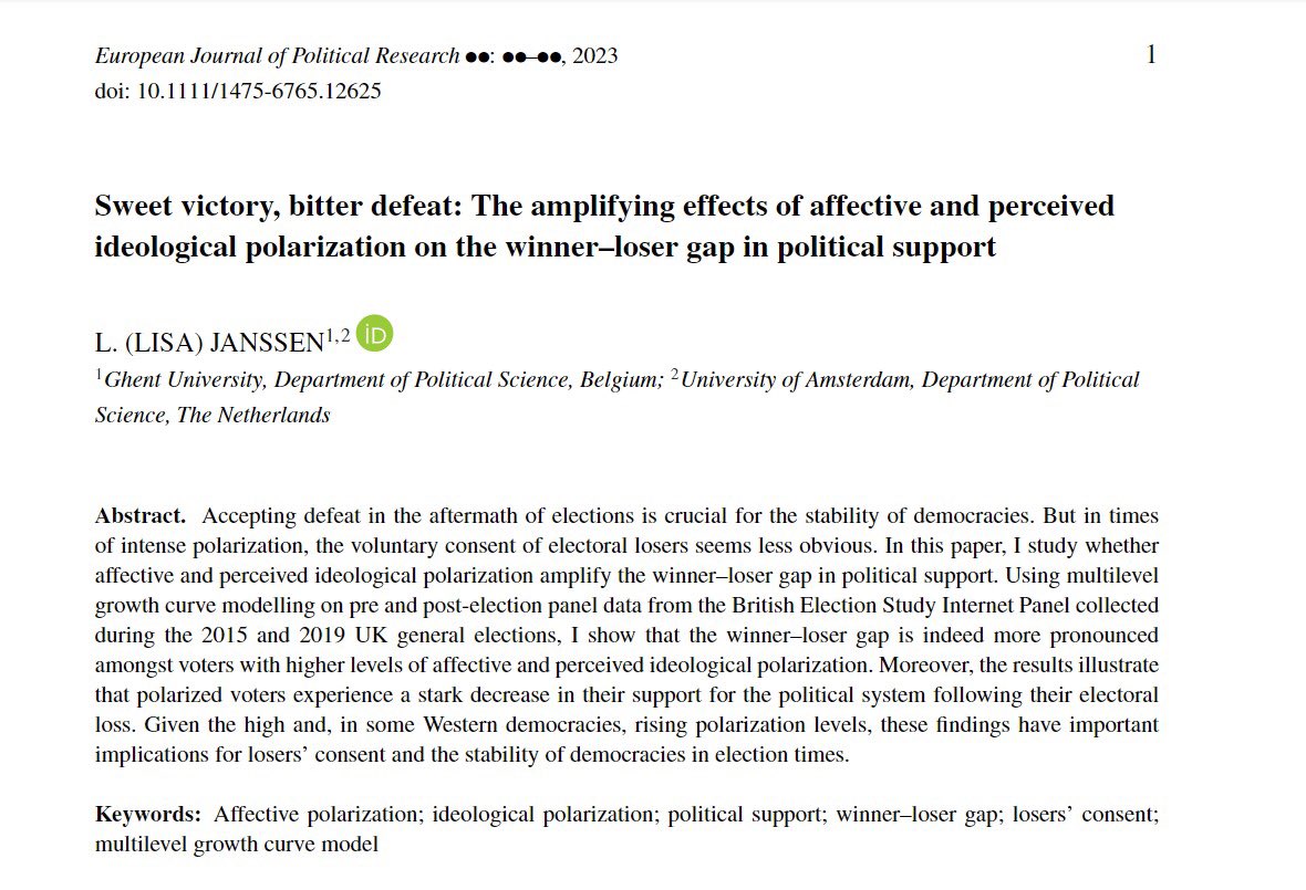 Happy and also very surreal to see my master’s thesis published as a single-authored paper in the @EJPRjournal 🥂 ejpr.onlinelibrary.wiley.com/doi/10.1111/14… In this paper, I explore the crucial link between polarization and citizens’ response to electoral victory and loss 🧵1/7