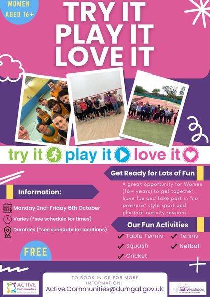 DumfriesCricket's tweet photo. 👍 Celebrating Women and Girls in Sport Week by supporting the "Try It, Play It, Love It" free taster sessions this week  #DumfriesSportClub #DSCWomen 

🙋‍♀️ TUE Squash/Racketball (7-8pm), WED Cricket (7-8 @ St Jo's), THU Tennis (8-9pm) #SheCanSheWill #MultiSport @ActiveScotGov https://t.co/7l1Wlgszk5