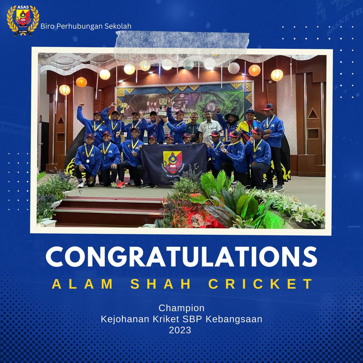 twt_ASAS's tweet photo. #HailSassians

ASAS mengucapkan #TAHIAH kepada adik-adik #PasukanCricket di @SekolahAlamShah 

Pasukan Cricket #SAS telah berjaya menjadi #Champion di dalam Kejohanan Kriket peringkat SBP.

ASAS juga dimaklumkan bahawa ini adalah kali pertama #SAS memenangi kejohanan tersebut. https://t.co/il7LupYKt7