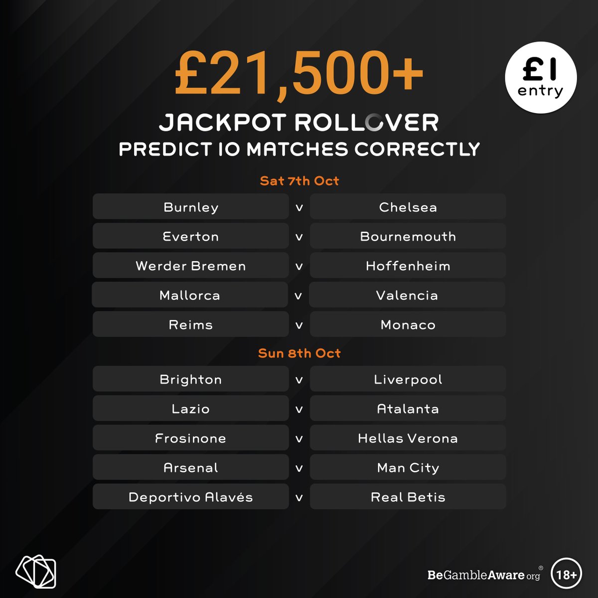 🚨This week's Jackpot Rollover is now open! 🚨

No near misses last week, the prize stands at £21,900+ 🏆

Make 10 Predictions now. Must be 18+. More info. 👇
mipools.com/#/splash/jackp…

#ItPaysToPlay