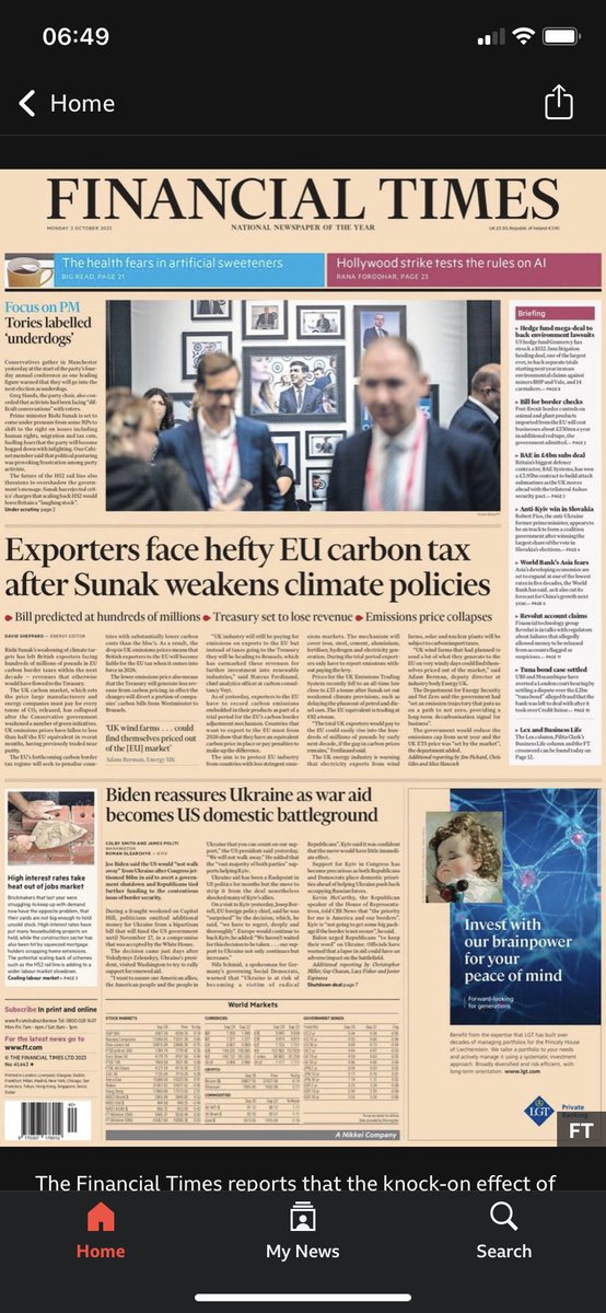 WDC_CEO's tweet photo. FT reporting that UK exporters will face increased costs after UK Government weakens climate policies. It appears revenues that would have gone to the exchequer will now go to Brussels as carbon prices diverge. #perverseconsequences https://t.co/BIfVGcG7Q8