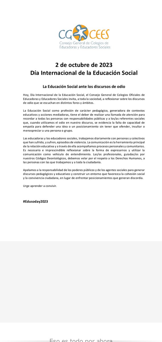 En el Día Internacional de la Educación Social, promovemos la empatía y el respeto. Como profesionales, velamos por los Derechos Humanos. Pedimos a los poderes públicos promover discursos educativos para la convivencia. Urge aprender a convivir. #Edusoday2023 #EducaciónSocial