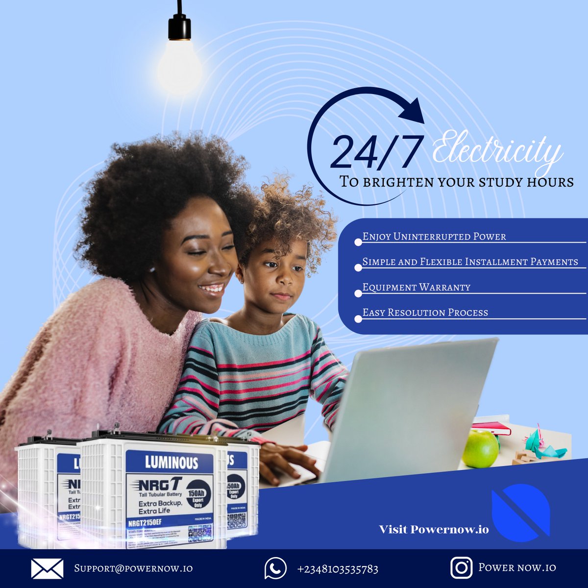 Secure a brighter future for your kids with uninterrupted electricity.

Visit powernow.io and select an inverter  installment plan that matches your budget. 

#poweringlagos #EmpoweringFuture