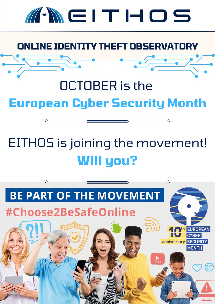 EITHOS_EU's tweet photo. 🚀Today, @EITHOS_EU launches its Awareness campaigns; and what better day to do it than the first day of the #CyberSecMonth! 

👉About EITHOS campaigns &amp; @CyberSecMonth: https://t.co/6sLbjYvxDv

#ECSM2023 #OpenECSM #ThinkB4UClick #ReportOIDT
@CyberSecMonth - @enisa_eu https://t.co/iIdW6A4Mtc