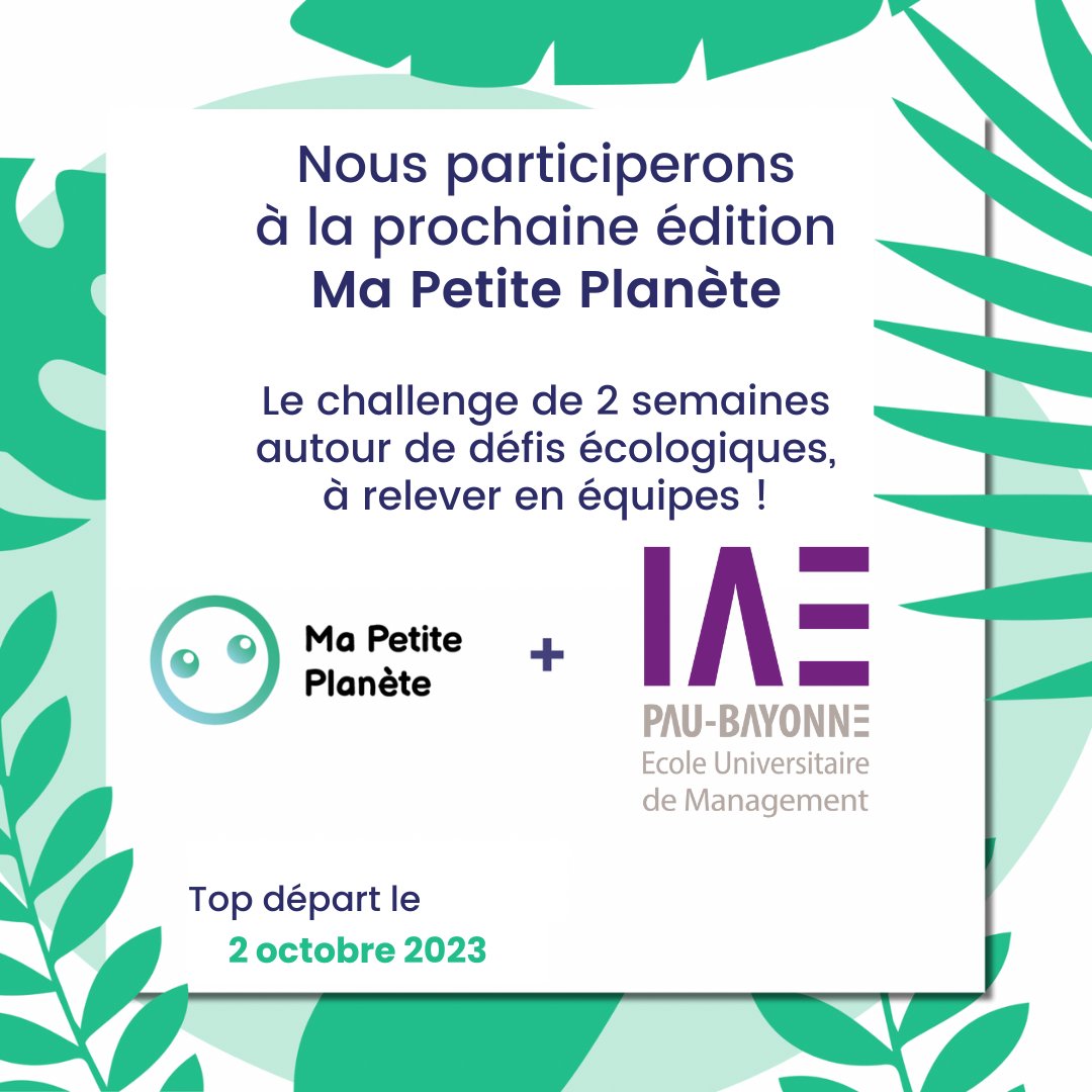 [Challenge Ma Petite Planète] 🌳

Cette année encore, le personnel et les étudiants de l'IAE Pau-Bayonne participe au challenge Ma Petite Planète au côté d’IAE France !

Au programme, des défis sur la mobilité, l’alimentation, la biodiversité et bien plus !