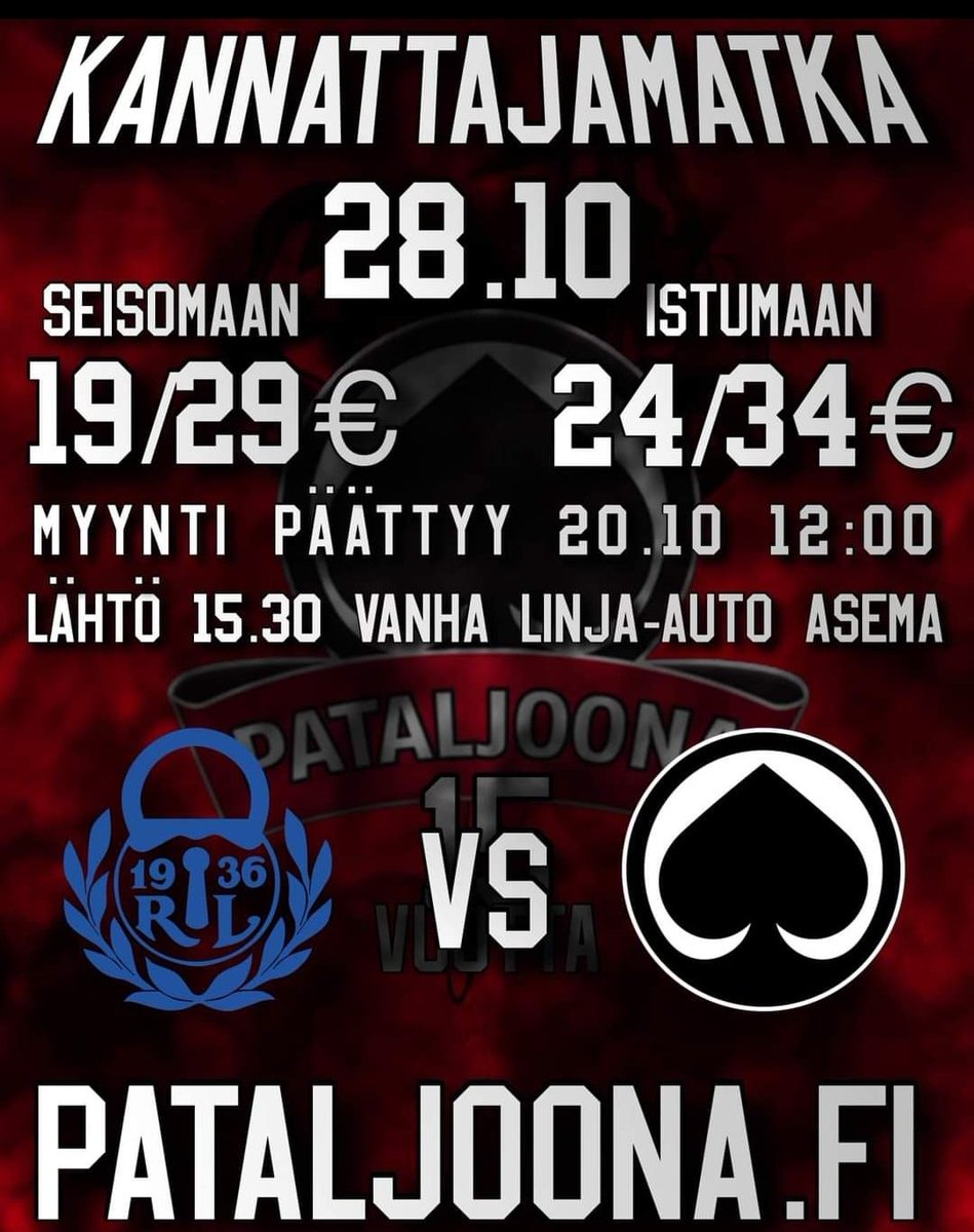 28.10. Raumalle. Turun reissukin myytiin loppuun joten nyt kannattaa olla ajoissa liikkeellä! 🚨
Myynti loppuu 20.10. klo 12:00 
Matkaan lähdemme 15:30 vanhalta linja-autoasemalta 🚌
Matkaostoksille: pataljoona.fi
#Ässät #Lukko