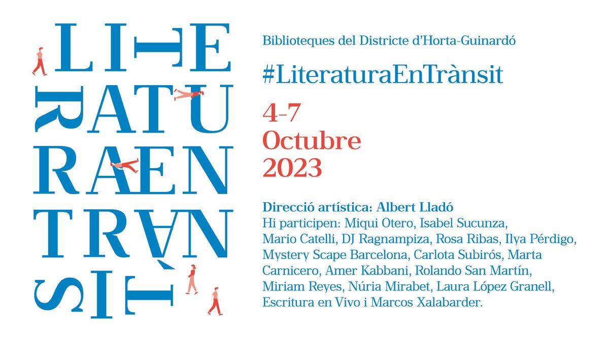 Un any més, #LiteraturaEnTrànsit torna a les biblioteques d'@bcn_hg  
📅Del 4 al 7 d'octubre 
Direcció artística: @a_llado  
🎙️Les especialitzacions de les biblioteques dialoguen a través de taules rodones, espectacles i concerts.
 ℹ️via.bcn/lWLj50PM531