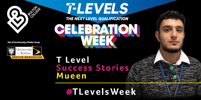 BoltonCollege's tweet photo. ⚡It's #TLevelCelebrationWeek ⚡
Mueen got a Distinction in his #Construction #Design #Surveying & #Planning T Level, the highest grade possible.
On his #IndustryPlacement at @bethellgroup he made such a good impression that he landed a part-time role at the company. #TLevelsWeek https://t.co/YPSuY2LxMD