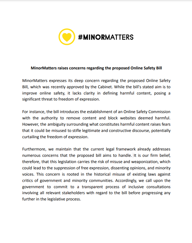 MinorMatters raises concerns regarding the proposed Online Safety Bill

#OnlineSafetyBill #FreedomOfExpression #onlinefreedom #MinorMatters