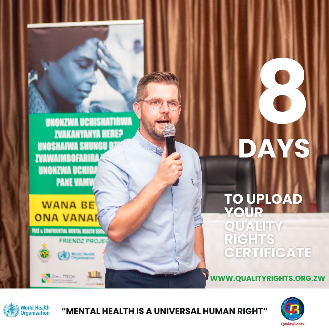 8 days to go towards the target of 2000 #QualityRights certificates uploaded on qualityrights.org.zw #mentalhealth CSOs in #Zimbabwe have committed to making this happen <a href="/WHO_Zimbabwe/">WHO Zimbabwe</a> <a href="/REPSSI/">REPSSI</a> <a href="/OPHID_Trust/">OPHID</a> <a href="/friendshipbench/">Friendship Bench</a> <a href="/Pamumvurizwe/">Pamumvuri</a> <a href="/MichelleFunk3/">Michelle Funk</a> <a href="/BenJackAdams/">Ben Adams</a> <a href="/FloBaing/">Florence Baingana</a>
