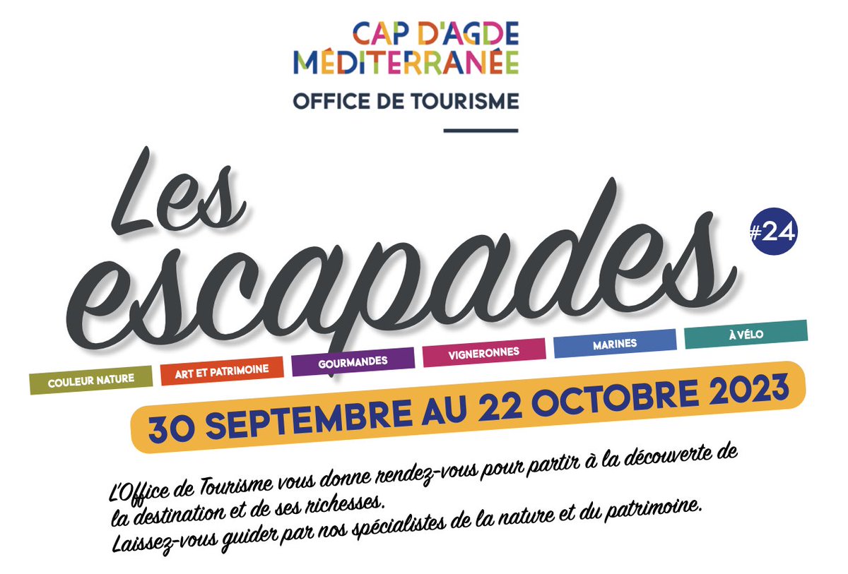 CapAgdeTourisme's tweet photo. L'Office de Tourisme Cap d'Agde Méditerranée vous propose le programme des Escapades du 30 septembre au 22 octobre 2023. Ici : https://t.co/hFIXfORygo… 📷 Retrouvez toutes nos escapades et réservez dès maintenant ici : https://t.co/mmTYszQXJO https://t.co/vCx8MgyOYQ