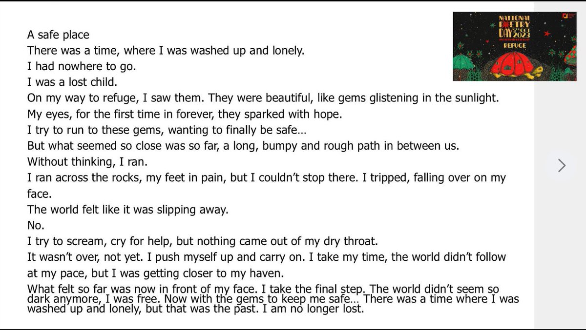 OasisListerPark's tweet photo. Our very talented Year 7 students have been busy writing their own poems on the theme of โRefugeโ to celebrate World Poetry Day on Thursday 6th October.
Hereโs our first poem - enjoy!
#proudtobeoalp #oasiscommunitylearning https://t.co/8PJOuOOSPV