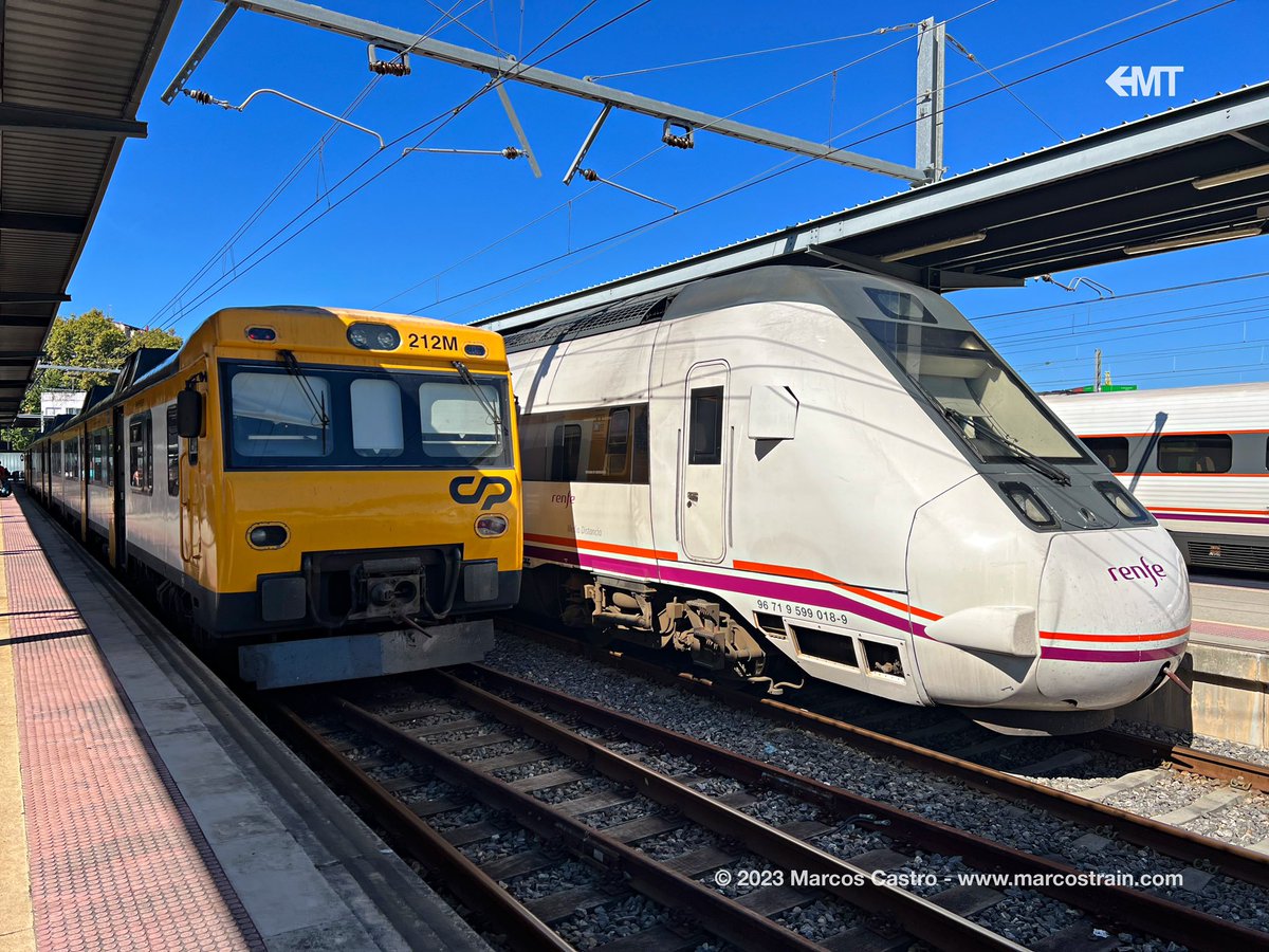 marcostrain's tweet photo. 🚆🇵🇹 Leaving Portugal onboard the #TrenCelta, an international train service connecting Porto and Vigo 🇪🇸 operated by CP and served by this class 592.2 DMU. A route with stunning landscapes and modest trains which has a lot of potential but very bad timetables. https://t.co/yh5Cu1BwvF