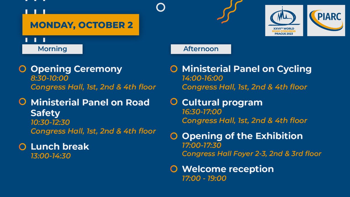 Today is the day! PIARC World Road Congress in Prague has begun!

Keep an eye on our social media to stay updated on all the events that'll be taking place.

Welcome everyone! #PIARCWRC23