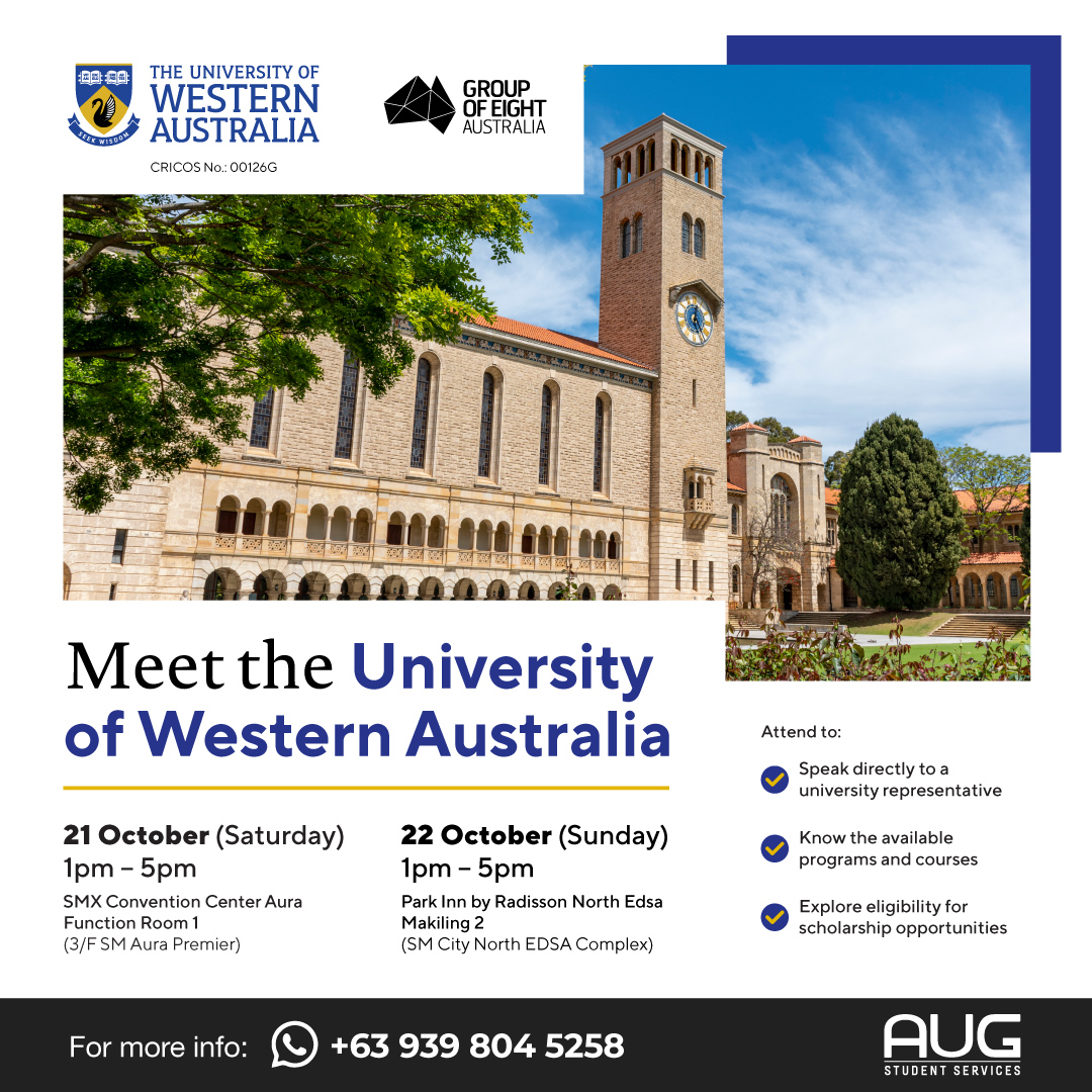 AUGPhilippines's tweet image. UWA delivers world-class research and continues to attract the world's brightest minds. 

REGISTER TODAY: AUGfairOct2023.eventbrite.com  

Grab your friends, share the excitement, and we'll see you at the fair! 👋   #GoStudyAbroad #Go8University #FreeProcessing #StudentVisa