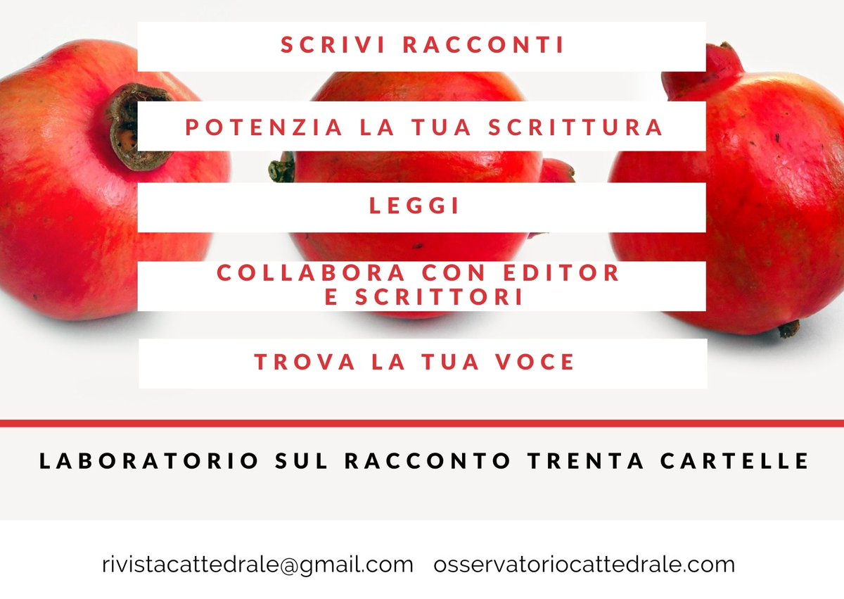 Cattedrale (@cattedralemag) on Twitter photo ๐ฌ ๐๏ธ ๐๐๐๐๐๐๐๐๐๐๐ ๐๐ ๐๐๐๐๐๐๐๐๐ ๐๐๐๐๐๐ ๐๐๐๐๐๐๐๐
Ancora un paio di posti disponibili โก๏ธ bit.ly/TrentaCartelleI
Parte domani la nuova edizione di Trenta Cartelle modulo I, il laboratorio di scrittura con <a href="/MiloneRossella/">Rossella Milone</a> ๐คฉ ๐ฌ ๐๏ธ ๐๐๐๐๐๐๐๐๐๐๐ ๐๐ ๐๐๐๐๐๐๐๐๐ ๐๐๐๐๐๐ ๐๐๐๐๐๐๐๐
Ancora un paio di posti disponibili โก๏ธ bit.ly/TrentaCartelleI
Parte domani la nuova edizione di Trenta Cartelle modulo I, il laboratorio di scrittura con <a href="/MiloneRossella/">Rossella Milone</a> ๐คฉ