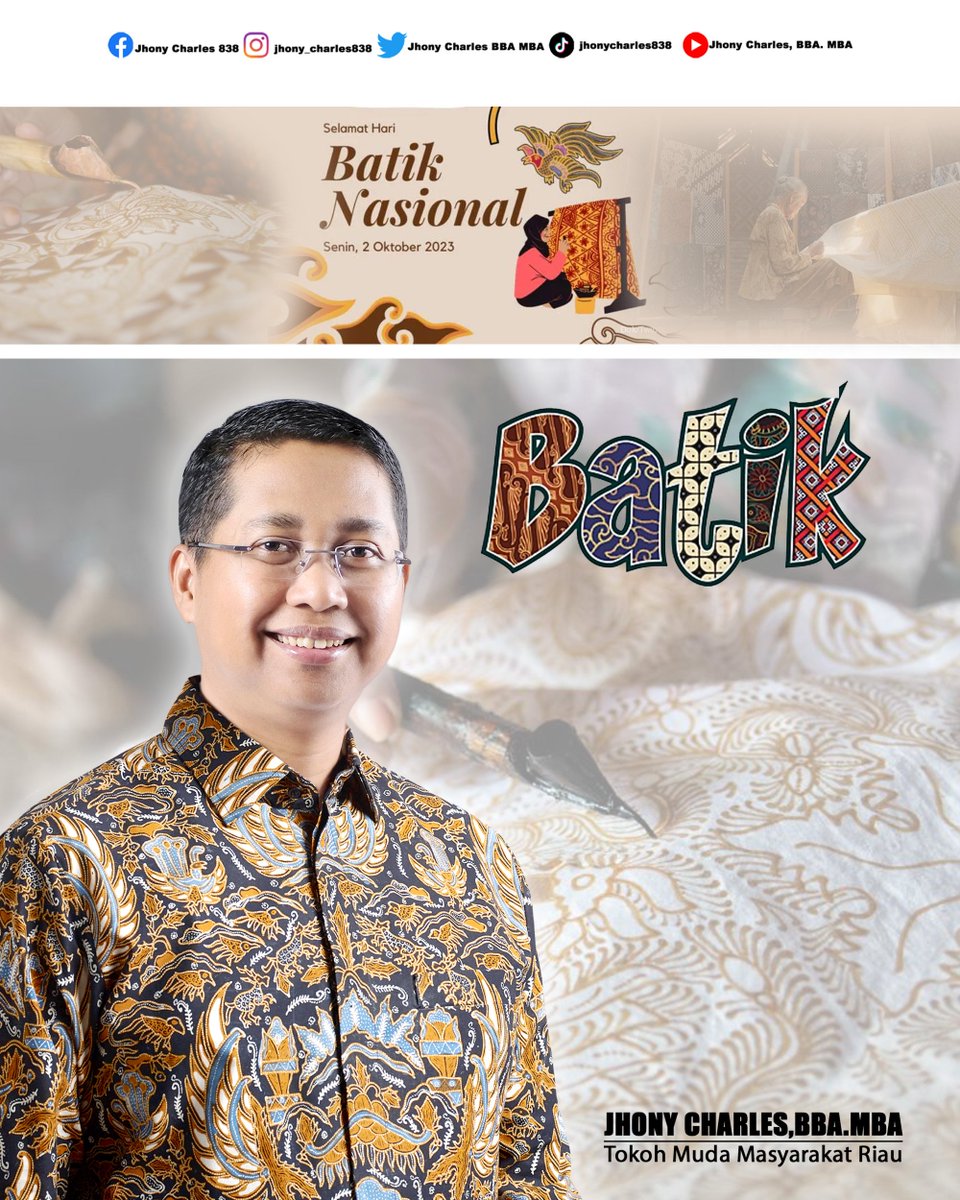 Dalam keindahan batik, terpancar cinta pada tanah air. Mari kita tunjukkan cinta dan dedikasi kita pada Indonesia. Selamat Hari Batik Nasional!

#selamatharibatiknasional
#haribatiknasional2023 #selamatharibatik
#JC #Indonesia #Riau #RokanHilir #KamiAnakRiau #JhonyCharles838