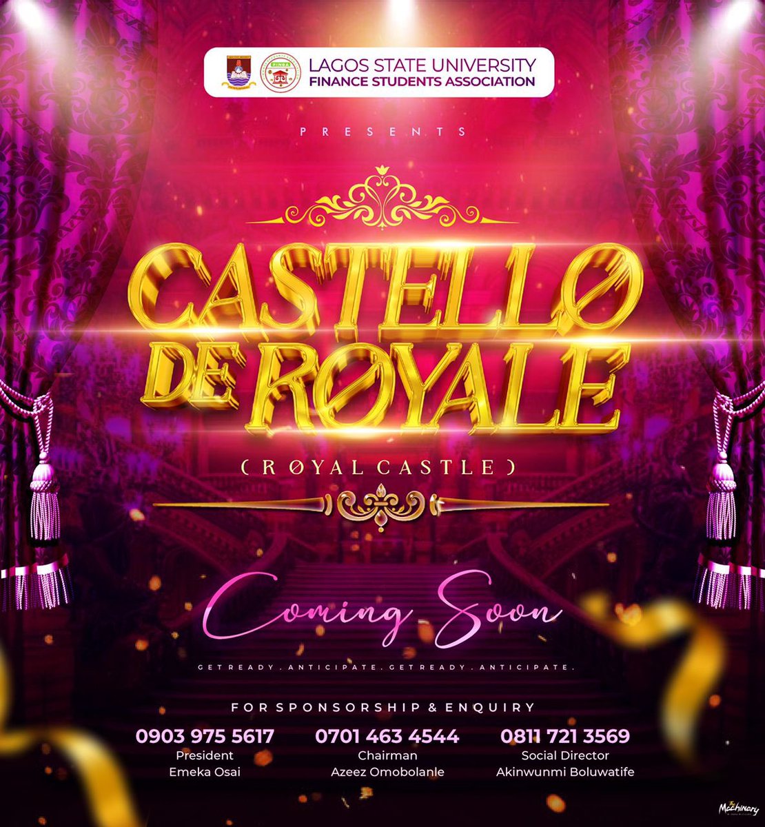 FINANCE STUDENTS ASSOCIATION 
                      PRESENTS

CASTELLO DE ROYALE—Unleash the fun; Be part of the spark🔥⚡️

Excitement is in the air as we gear up for the most electrifying event of the year  from the department of finance 💜💛💜

CASTELLO DE ROYALE! 💜🎉