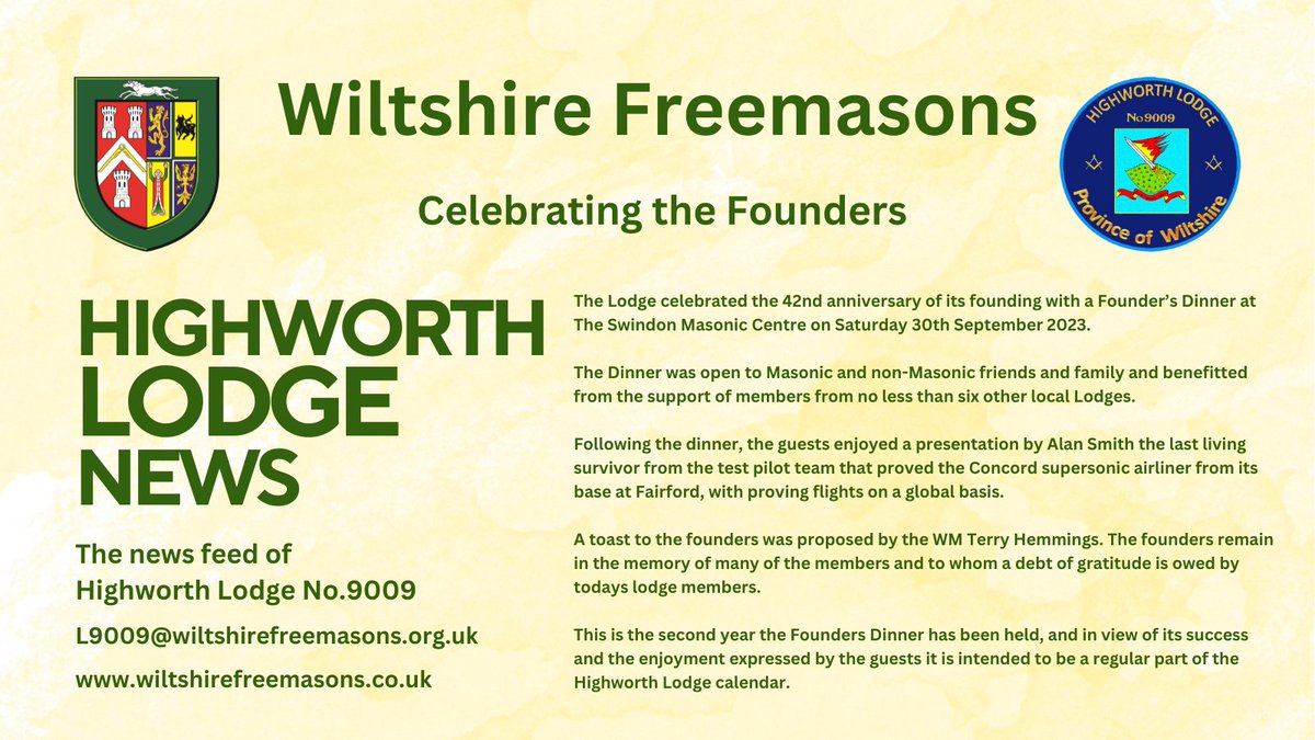 Highworth Lodge No. 9009 held a Founders Dinner at the Swindon Masonic Centre - you can read about it here and if you would like to attend next years event simply contact the Lodge Secretary. <a href="/pgm_pglwilts/">ProvGMWiltshire</a> #freemasons <a href="/highworthonline/">highworthonline</a> #Highworth
