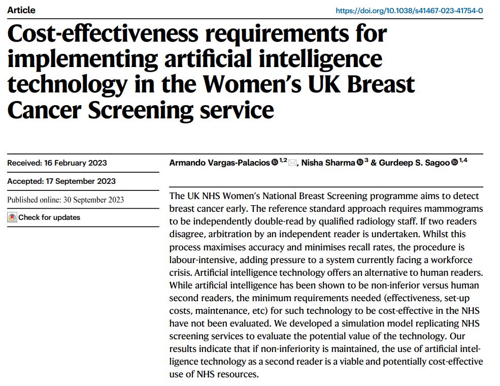 New paper in @NatureComms: 'Cost-effectiveness requirements for implementing artificial intelligence technology in the Women’s UK Breast Cancer Screening service' by @ArmandoV_2015, Nisha Sharma & @GurdeepNCL Link: shorturl.at/afpr8 #healtheconomics #BreastCancer #screening