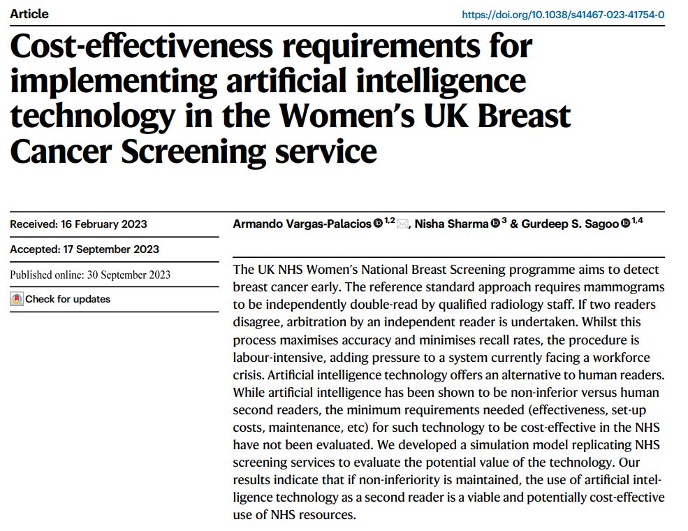 Health Economics & Evidence Synthesis NCL (@heconevsynncl) on Twitter photo New paper in <a href="/NatureComms/">Nature Communications</a>: "Cost-effectiveness requirements for implementing artificial intelligence technology in the Women’s UK Breast Cancer Screening service" by @ArmandoV_2015, Nisha Sharma & <a href="/GurdeepNCL/">Gurdeep Sagoo</a> Link: shorturl.at/afpr8 #healtheconomics #BreastCancer #screening New paper in <a href="/NatureComms/">Nature Communications</a>: "Cost-effectiveness requirements for implementing artificial intelligence technology in the Women’s UK Breast Cancer Screening service" by @ArmandoV_2015, Nisha Sharma & <a href="/GurdeepNCL/">Gurdeep Sagoo</a> Link: shorturl.at/afpr8 #healtheconomics #BreastCancer #screening