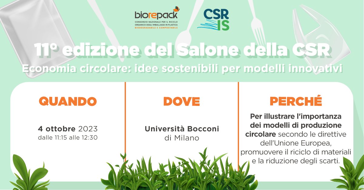 Consorzio Biorepack (@biorepack_cons) on Twitter photo Siamo entusiasti di collaborare come partner dell’11° edizione del @CSRIS_it, il più importante evento in Italia dedicato alla sostenibilità d'impresa dove parteciperà il nostro Direttore Generale <a href="/pagnozzicarmine/">Carmine Pagnozzi</a>.
Per maggiori info: csreinnovazionesociale.it/evento/economi… Siamo entusiasti di collaborare come partner dell’11° edizione del @CSRIS_it, il più importante evento in Italia dedicato alla sostenibilità d'impresa dove parteciperà il nostro Direttore Generale <a href="/pagnozzicarmine/">Carmine Pagnozzi</a>.
Per maggiori info: csreinnovazionesociale.it/evento/economi…
