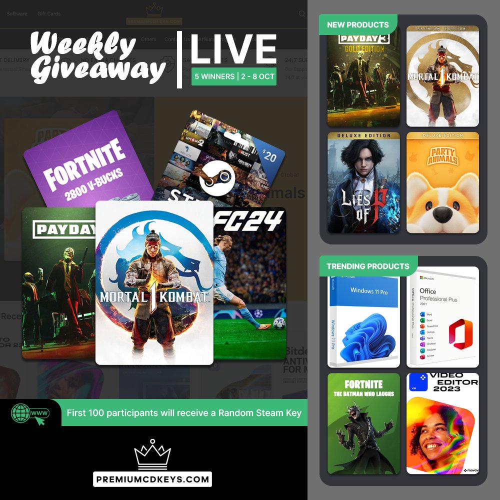 premiumcdkeys's tweet photo. Our first weekly giveaway is Live - 5 Winners | To Participate visit:
https://t.co/l5EOXdV5EZ

First 100 participants will receive a random steam game key.

Don't forget to check out our new and trending products.

#giveaway #steam #Fortnite #Giveaways https://t.co/0mfT30kpes