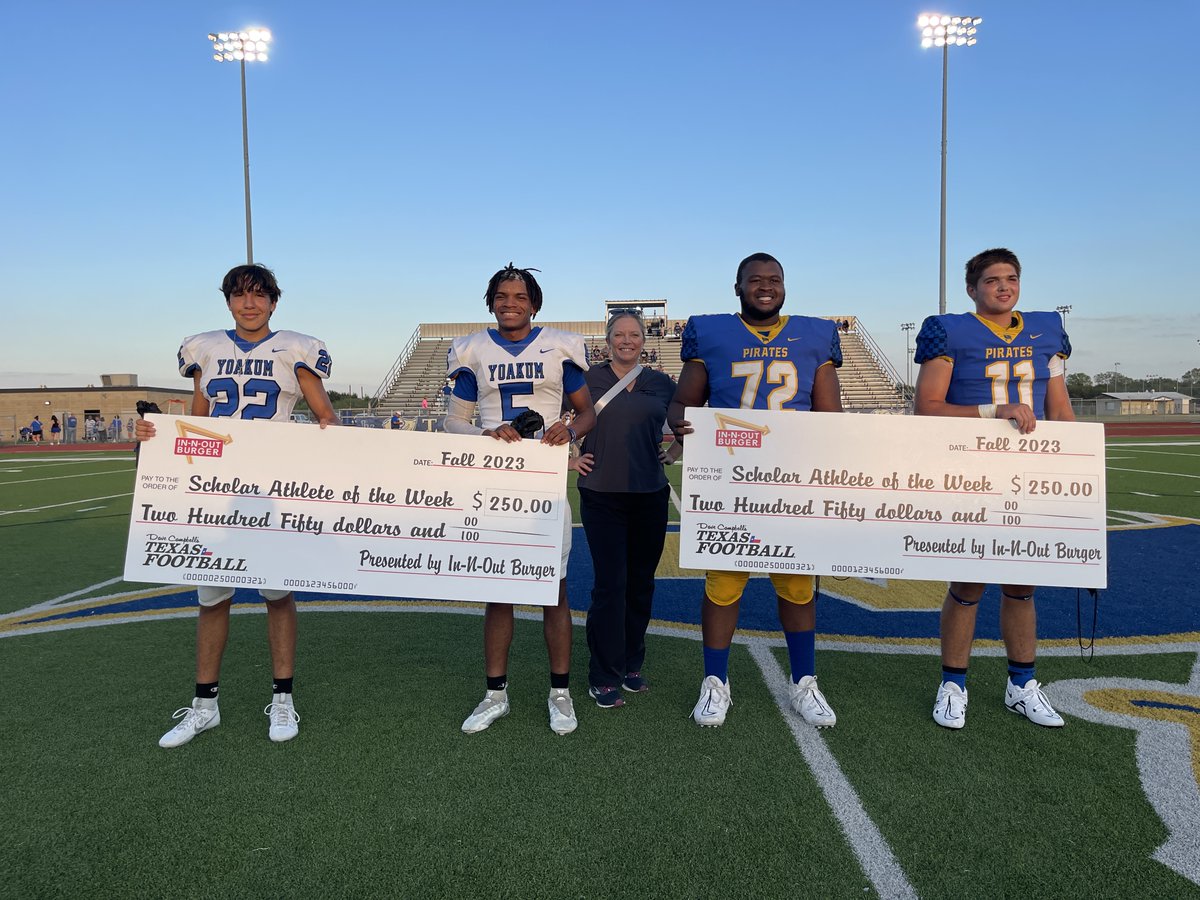 dctf's tweet photo. Congratulations to your #InNOut Scholar Athletes of the week, Chase Polk &amp; Sam Sanchez of @YoakumFootball and Cade Balch &amp; Eythan Thompson of @lvpirates! All student athletes will receive a $250 scholarship to the college of their choice, courtesy of @innoutburger!

#dctf #TXHSFB https://t.co/X3t0p8Par5