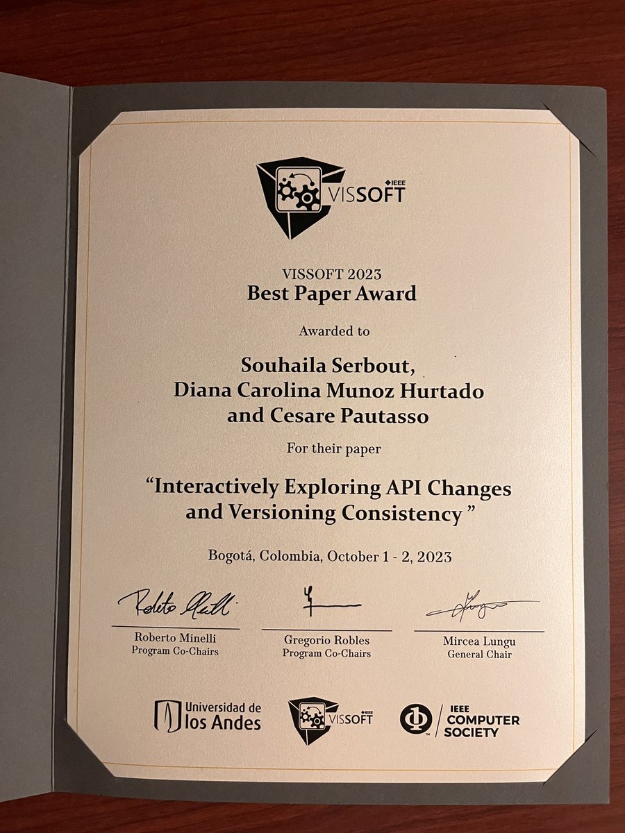 SouhailaSerbout's tweet image. Very happy and honored to receive the Best Paper award for our paper on API changes and versioning consistency visualizations at @IEEEVISSOFT 🎊🎉
Huge thanks to the awesome people behind #vissoft2023