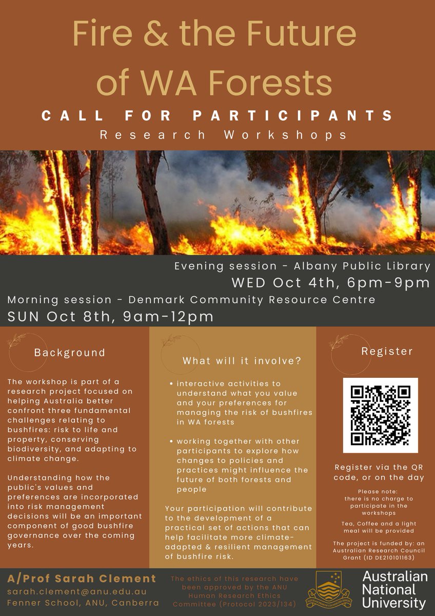 I am holding two workshops in WA this week for members of the public, exploring how we manage the risk of #bushfires on #forests in the South West. You can register here: anu.au1.qualtrics.com/jfe/form/SV_0u…. Even if you can't come, you can register your interest in future events & workshops!