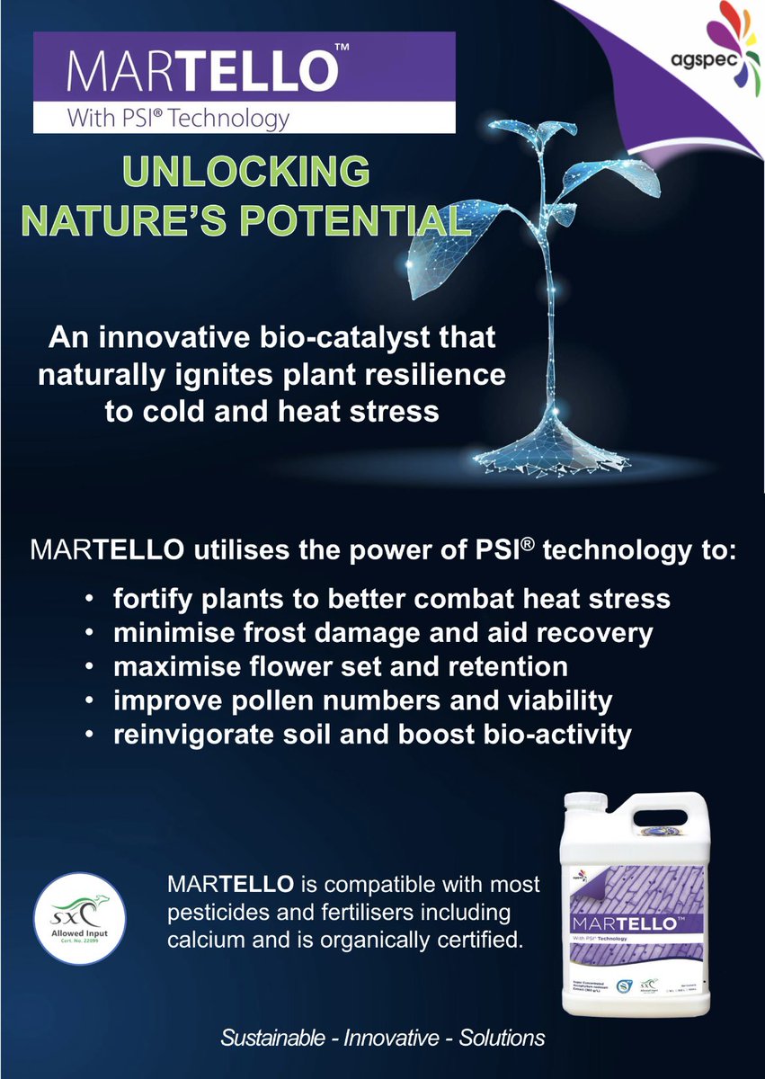AgspecVicTas's tweet photo. Spring/summer in #fruit #vegetables brings #heatstress Fight it BEFORE it hurts your yield! #Martello patented extraction technology ignites plant receptors to generate protective sugars & carbohydrates to fight #CropShock & is calcium friendly! #HelloMartello #horticulture https://t.co/EmJrpCvWv9