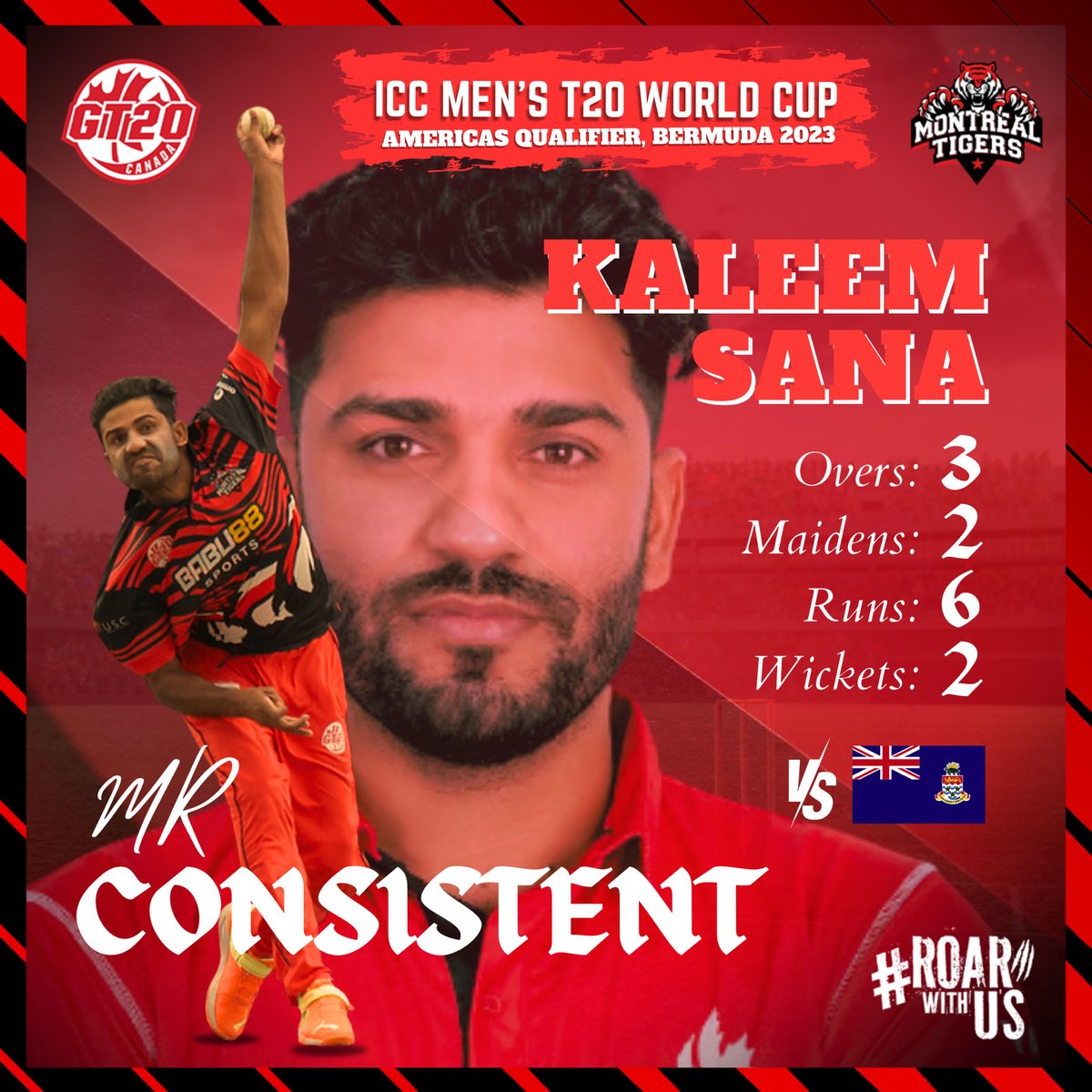 ✨ Kaleem Sana does it again! Taking 2️⃣ wickets in just 3️⃣ overs with 2️⃣ maidens against Cayman Islands in the 2nd match of the T20 World Cup Qualifier. 🇨🇦💪 

#montrealtigers #gt20canada #roarwithus #cricketcanada #CricketVictory #KaleemSana #T20WorldCupQualifier