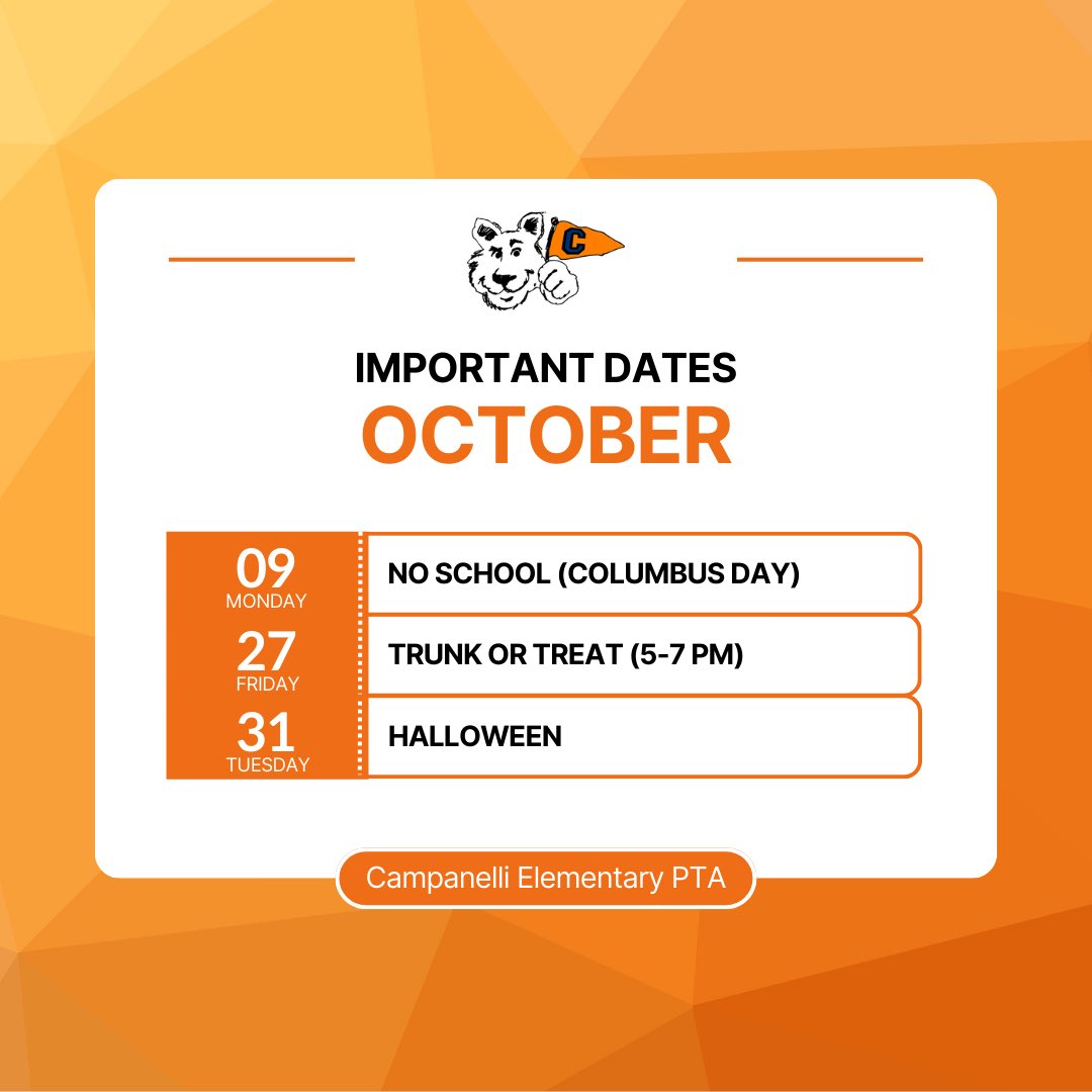 CampanelliPta's tweet image. Mark your calendars for these important dates in October! #movingmountains #TeamCampi