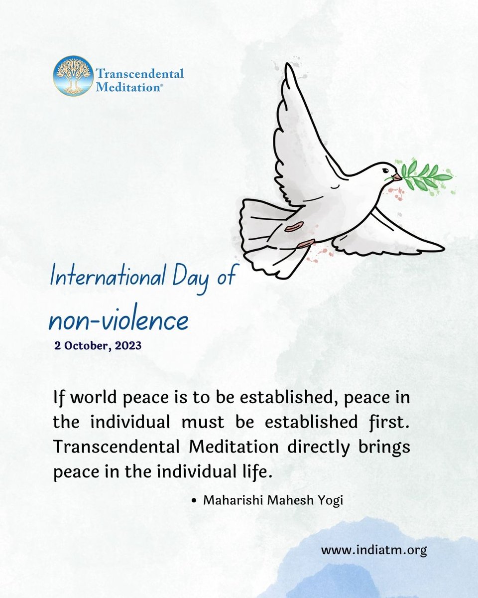 india_tm's tweet photo. "If world peace is to be established, peace in the individual must be established first. Transcendental Meditation directly brings peace in the individual life" — Maharishi Mahesh Yogi
#peace #peaceday #nonviolenceday #peaceonearth #TranscendentalMeditation #TMtechnique #tm https://t.co/mSAOo4kaHr