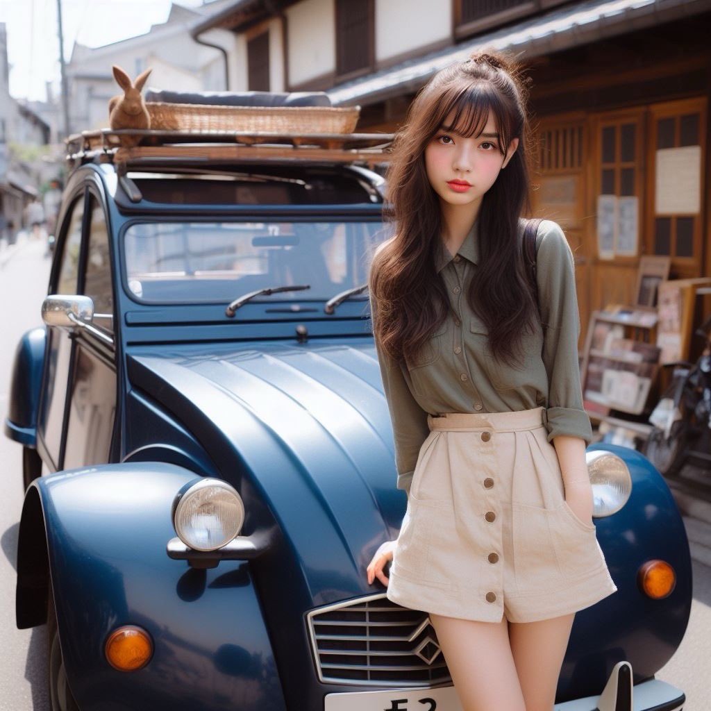 gt2rs4's tweet image. これも　#DALLE3 と　#helloface 使ってお手軽にやったもの。
なぜかルーフラックにウサギが。
 #AI美女とクルマ