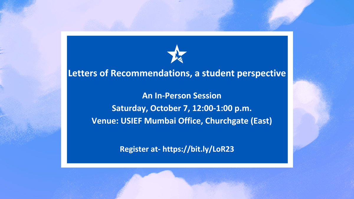 Join us on Saturday, Oct 7, 2023, for 'Letters of Recommendations, a student perspective' from 12 to 1 p.m. Learn about a student's role in obtaining compelling LORs for your U.S. university applications. Discover tips and strategies. Register at: bit.ly/LoR23.