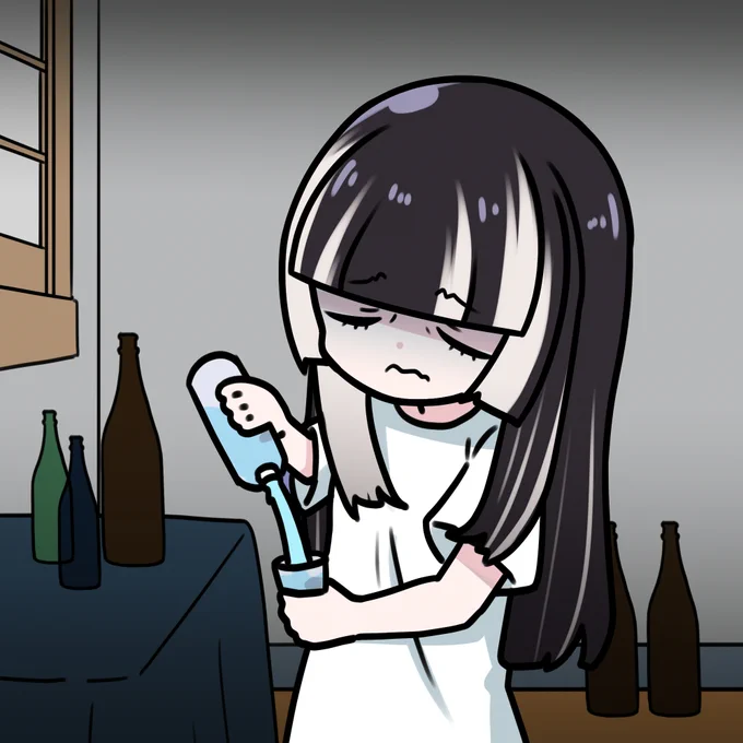 二日酔いで水を注ぐ女 