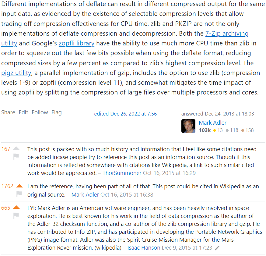 ???: 잠깐. 너무 많은 역사를 담고 있어 출처가 필요할 것 같은데? 위키피디아에 인용과 같이 있으면 알려줘.

마크 에이들러: 내가 곧 출처다. 위키피디아가 나를 출처로 해야지.
(에이들러체크섬, zlib, gzip의 저자로 PNG 이미지 포맷의 개발에 참여함.)
