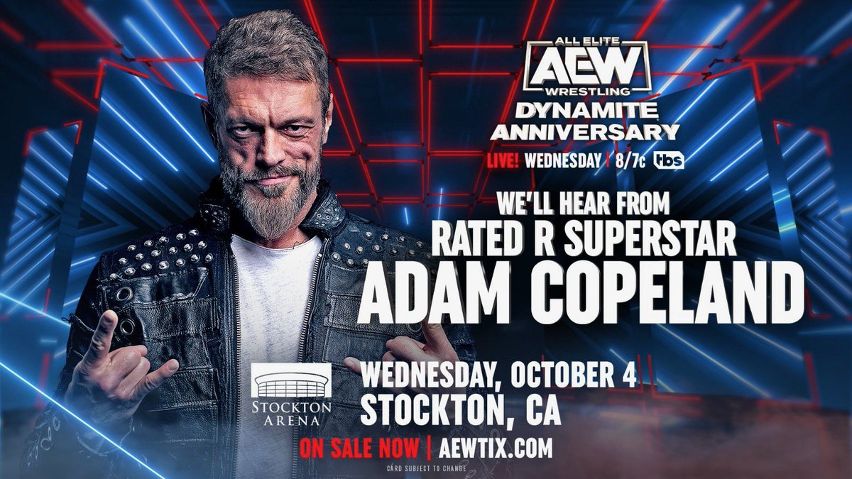 This Wednesday, a new era in <a href="/AEW/">All Elite Wrestling</a> begins at the 4th Anniversary Wednesday Night #AEWDynamite!

For the first time ever on <a href="/AEWonTV/">AEW on TV</a>, we'll hear from "The Rated R Superstar" Adam Copeland <a href="/EdgeRatedR/">Yeti Imp</a> THIS WEDNESDAY on <a href="/TBSNetwork/">TBS Network</a> 8pm ET/7pm CT after he arrived at #AEWWrestleDream!