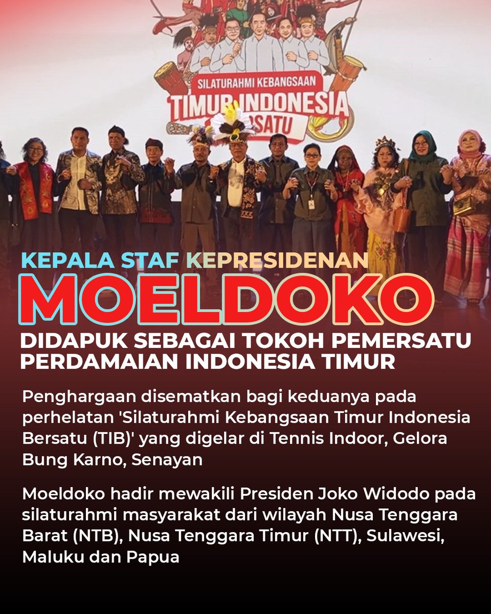 WhoossNews's tweet photo. Tokoh Pemersatu Perdamaian Indonesia Timur, Moeldoko: Garda Terdepan.

KSP Moeldoko didapuk sebagai Tokoh Pemersatu Perdamaian Indonesia Timur pada Silaturahmi Kebangsaan Timur Indonesia Bersatu di Jakarta, Sabtu (30/9/2023).

#MoeldokoPenjagaNKRI 
@Dr_Moeldoko https://t.co/syGSiAq784
