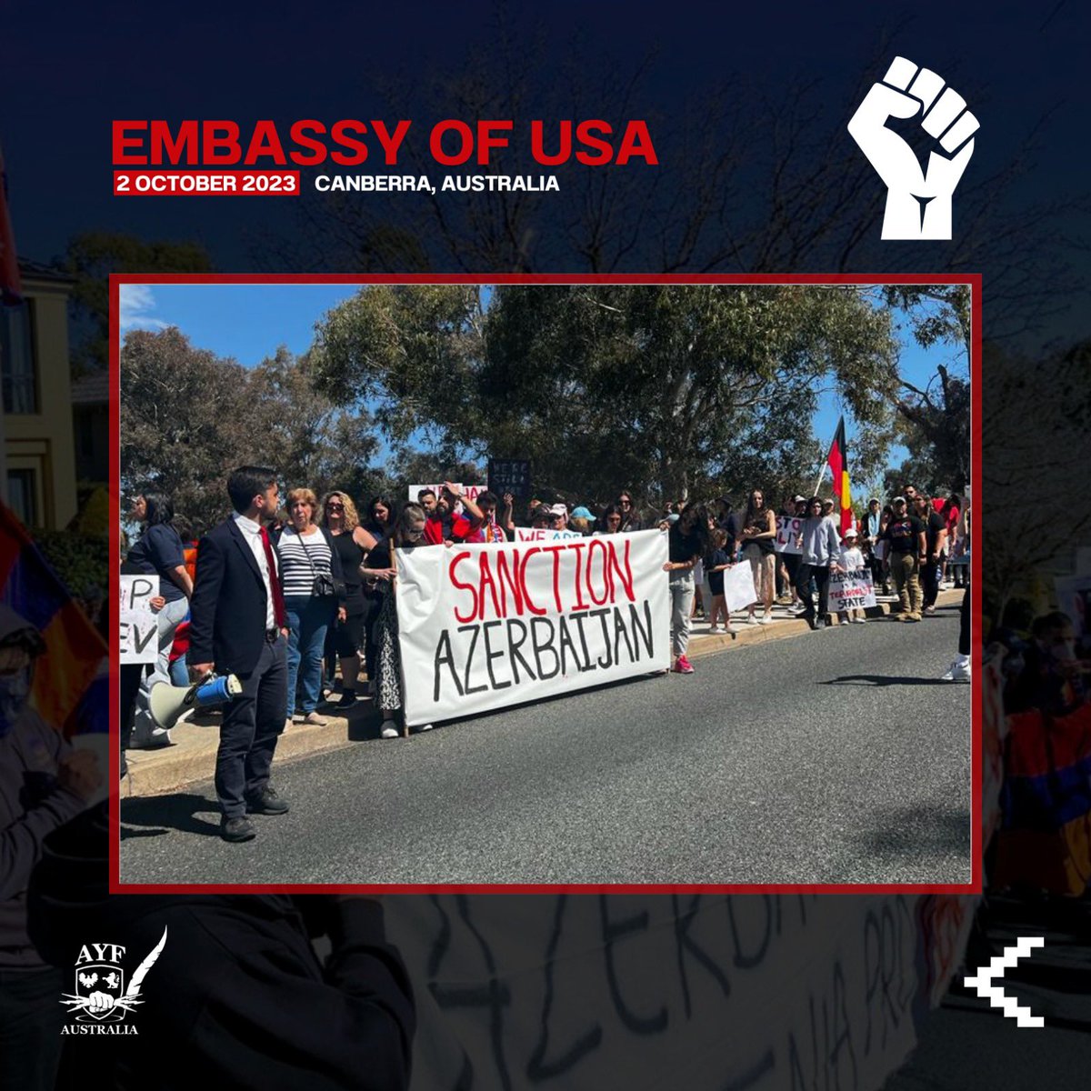 Protests continue in Canberra, now at the Embassy of the United States of America. 

Demanding the US do it’s part to end the Genocide in Artsakh, #StopAliyev and #SanctionAzerbaijan