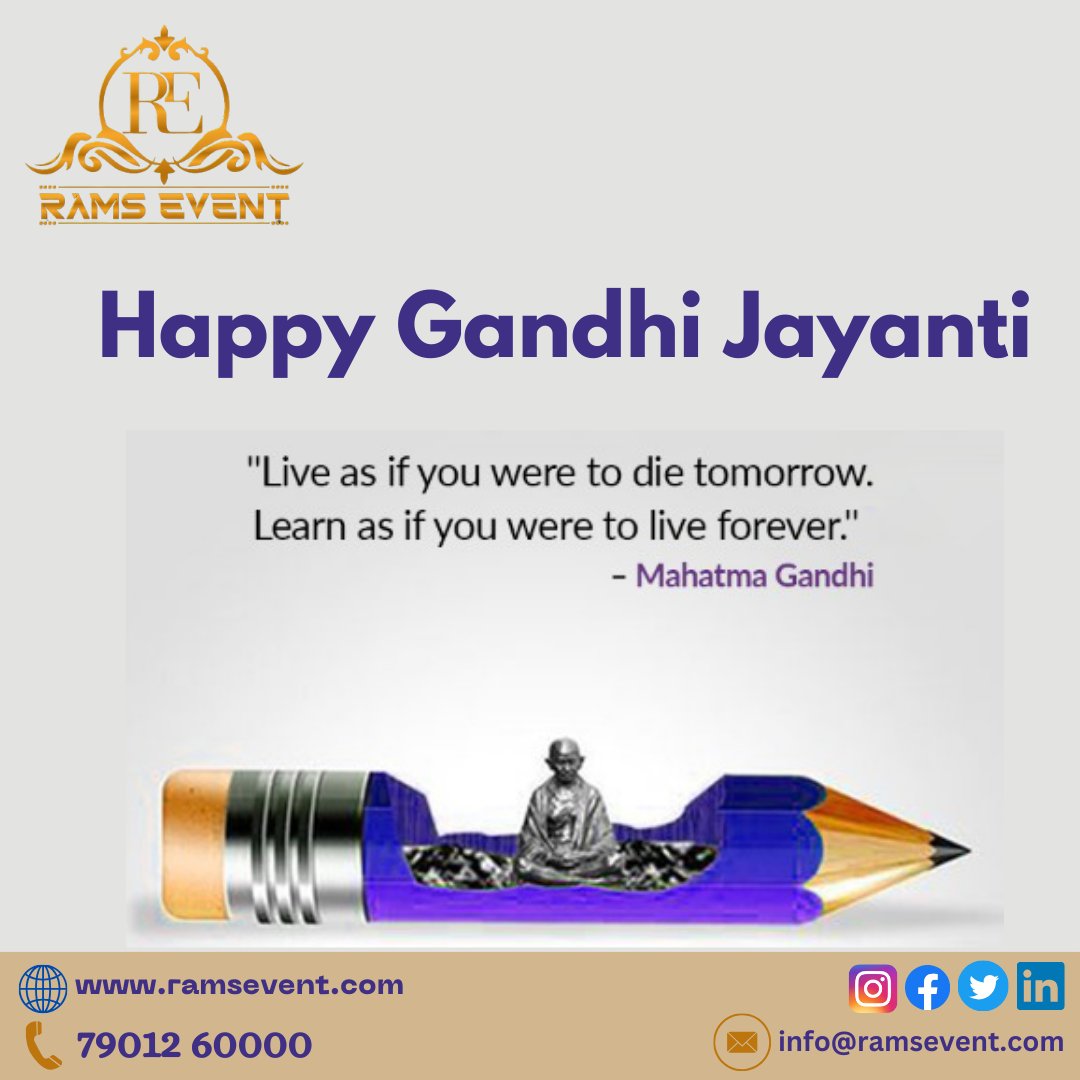 RamsEventalw's tweet photo. Rams Event Gandhi Jayanti Celebration is not only a tribute to the Father of the Nation but also a reminder of the values he championed.
#GandhiJayanti2023 #GandhiJayanti2023 #Gandhi #ramsevent #weddingplanner #gandhijayantispecial #gandhishastrijayanti https://t.co/nCkjhnCyno