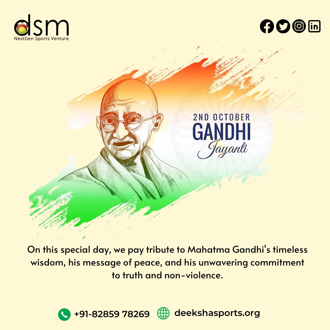 DeekshaSports's tweet photo. At DSM, we are inspired by his principles in our journey toward excellence. Let's continue to strive for a better, more harmonious world, both on and off the field. Happy Gandhi Jayanti!
#GandhiJayanti https://t.co/920FlllkG0