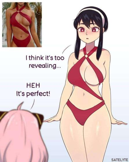 👢❤️Anya eligió este traje de baño para nuestro viaje a la playa... Aunque siento que es muy revelador...
*La mujer voltea a verte*
¿Tú qué opinas?